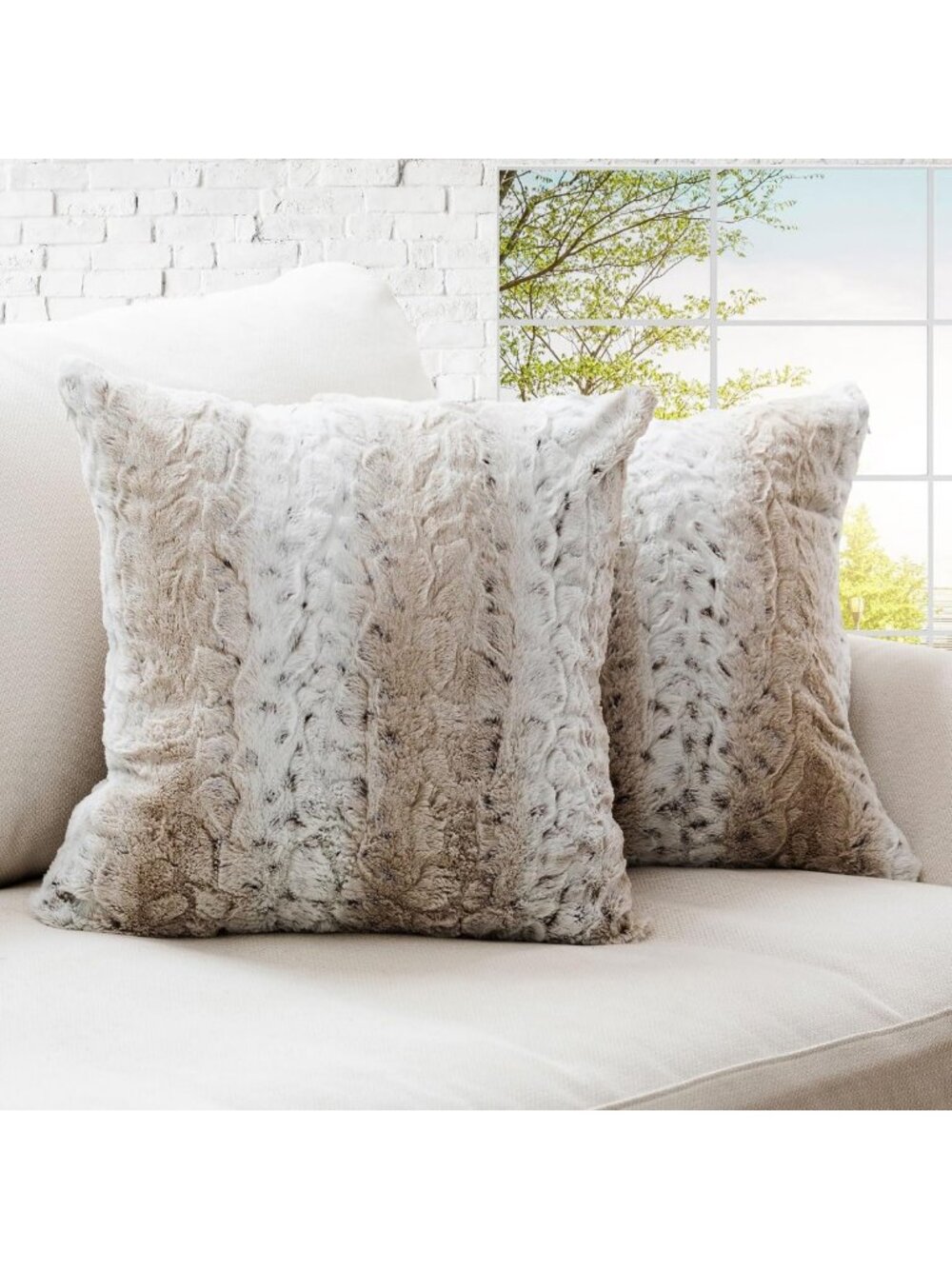 Faux Fur Throw Pillows Set of 2 - Decorative 18” x 18” Snow Leopard Design for